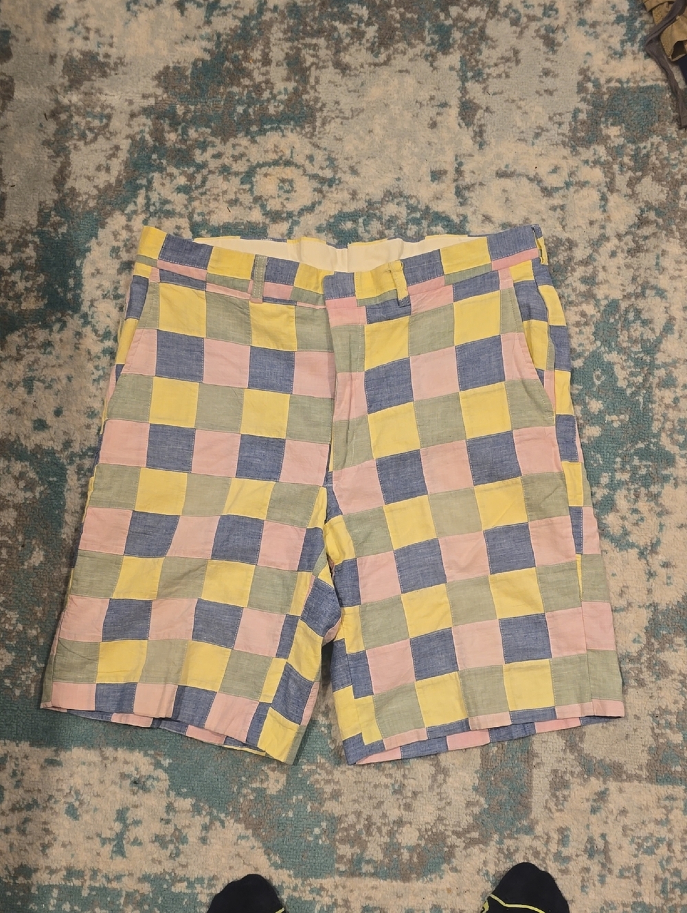 Men's Pastel Check Flat-Front Shorts — Yellow, Pink, Blue, Green